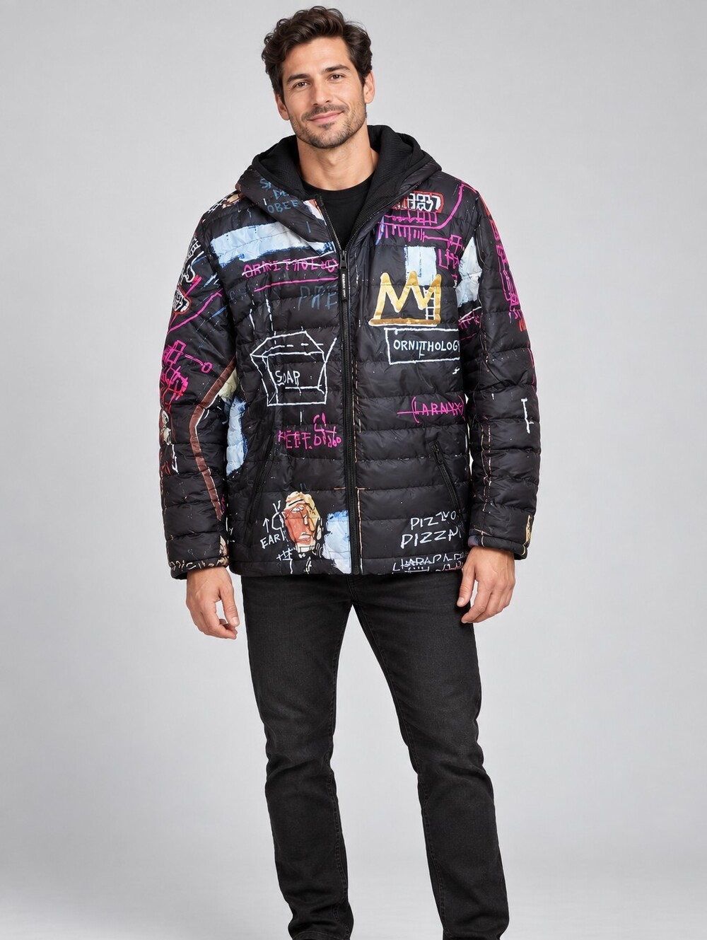 Members Only Mens Black Jean-Michel Basquiat Graphic Puffer Jacket